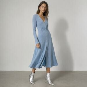 ROTATE Birger Christensen Lurex Sparkle Midi Dress Slit Front Light Blue 38/US6